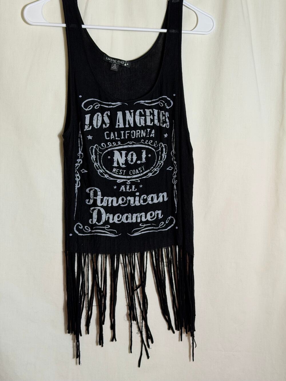 Living Doll Los Angeles Fringe Tank Top Small Black Graphic Boho Festival USA